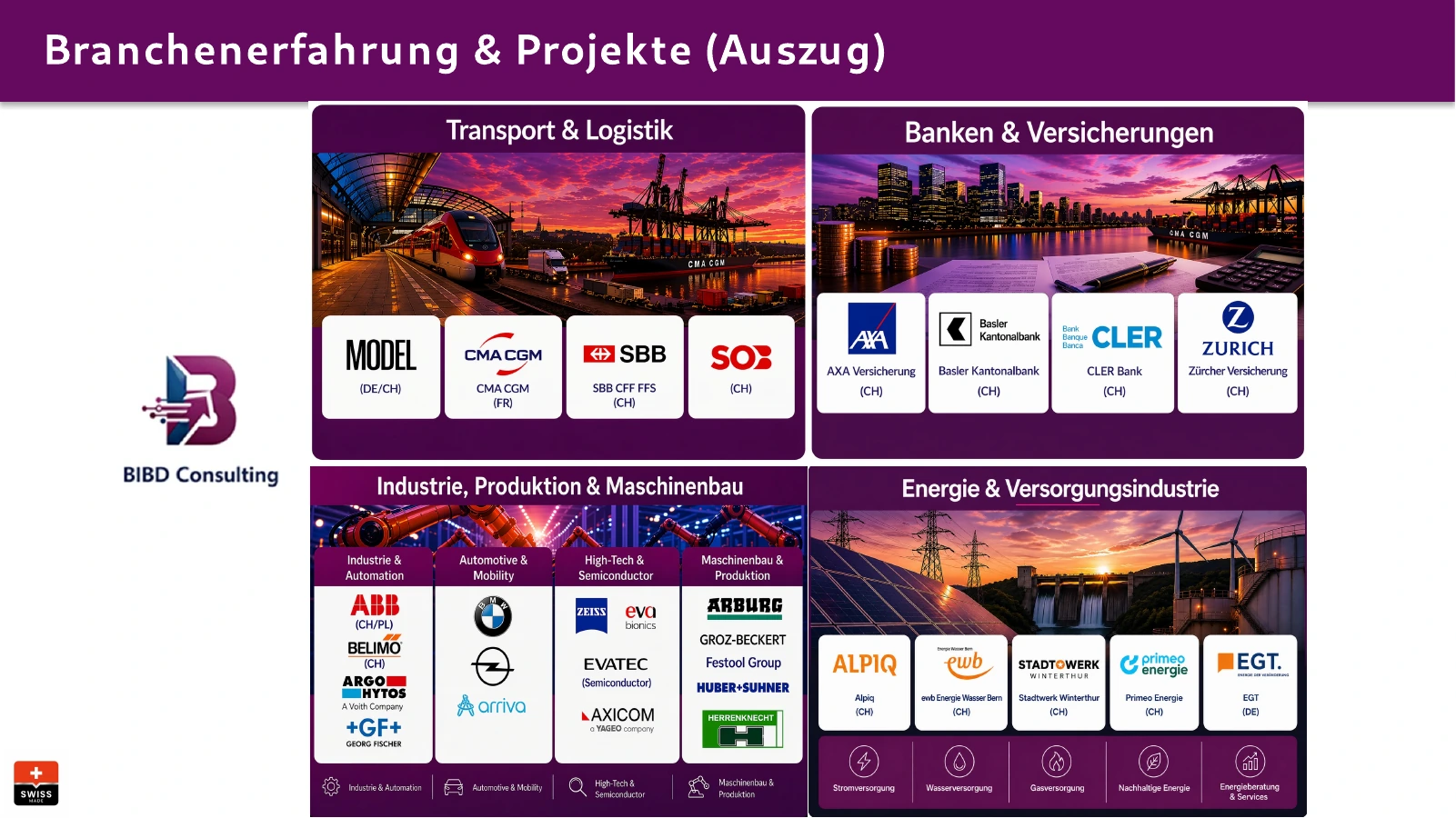 Branchenerfahrung in Transport und Logistik, Banken und Versicherungen, Industrie sowie Energie und Versorgung