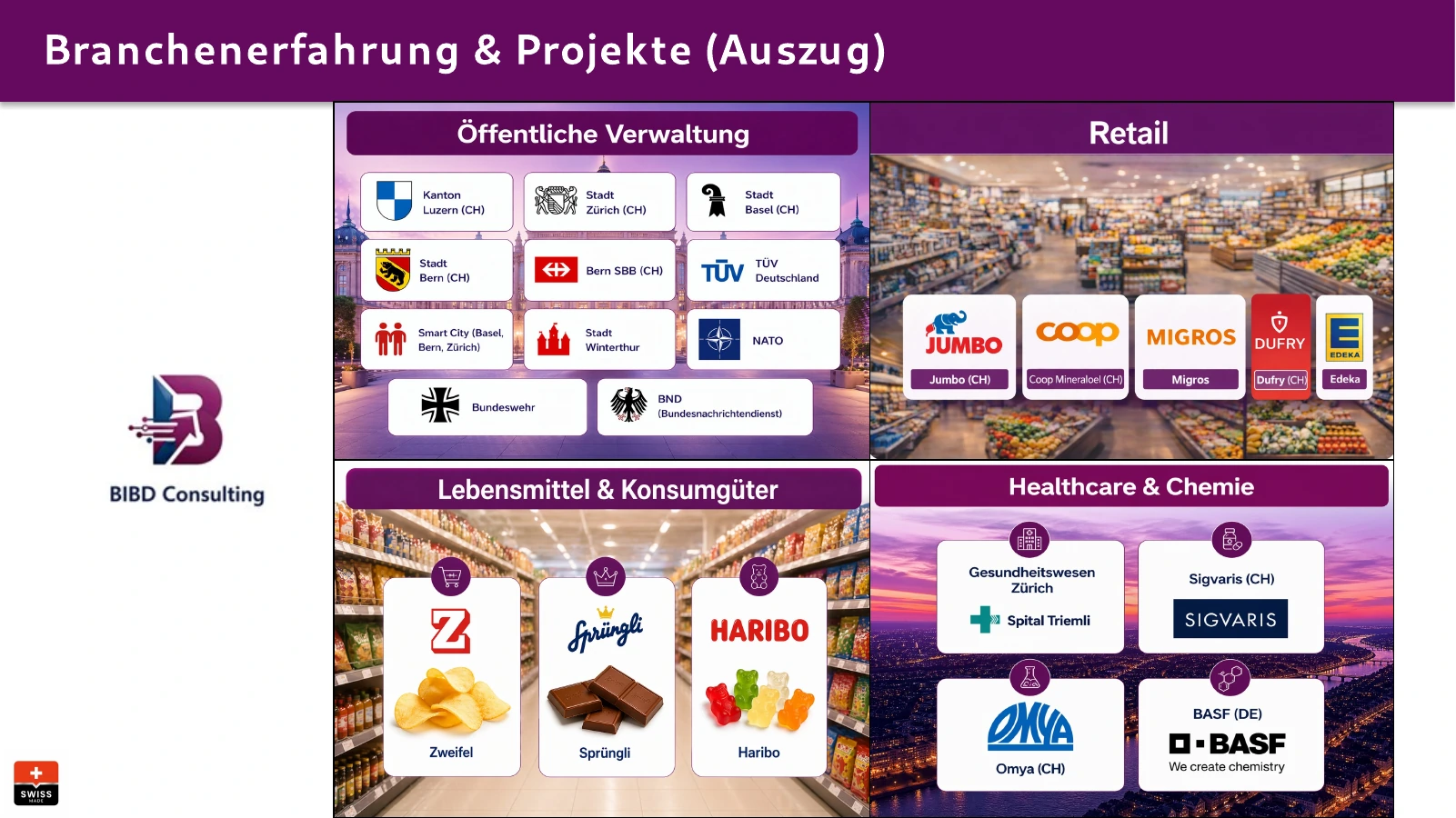 Branchenerfahrung in öffentlicher Verwaltung, Retail, Lebensmittel und Konsumgüter sowie Healthcare und Chemie