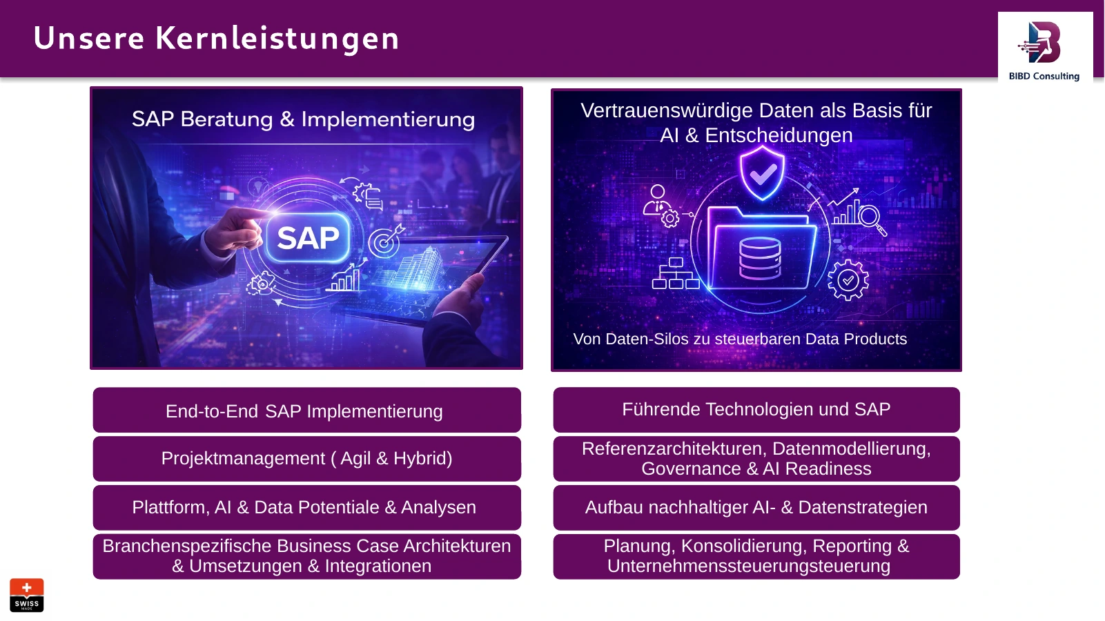Kernleistungen: SAP Beratung und Implementierung sowie vertrauenswürdige Daten als Basis für AI und Entscheidungen